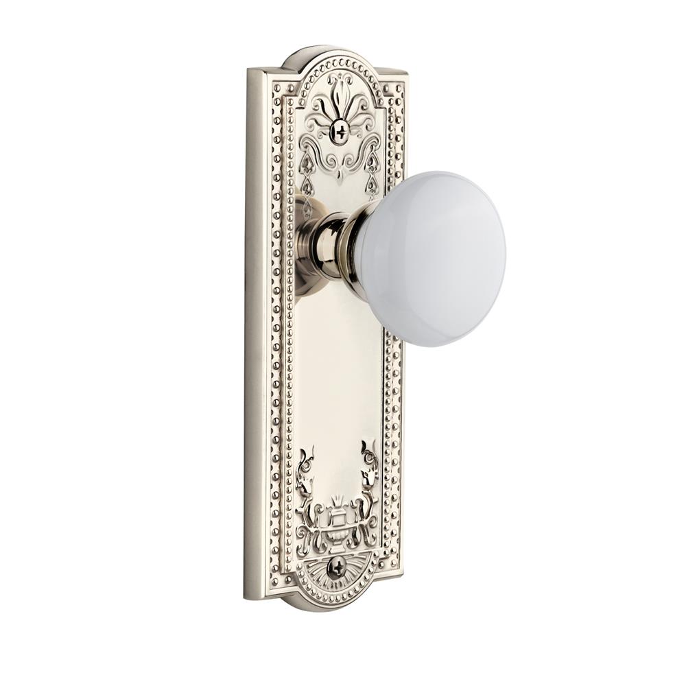 Grandeur by Nostalgic Warehouse PARHYD Complete Passage Set Without Keyhole - Parthenon Plate with Hyde Park Knob in Polished Nickel